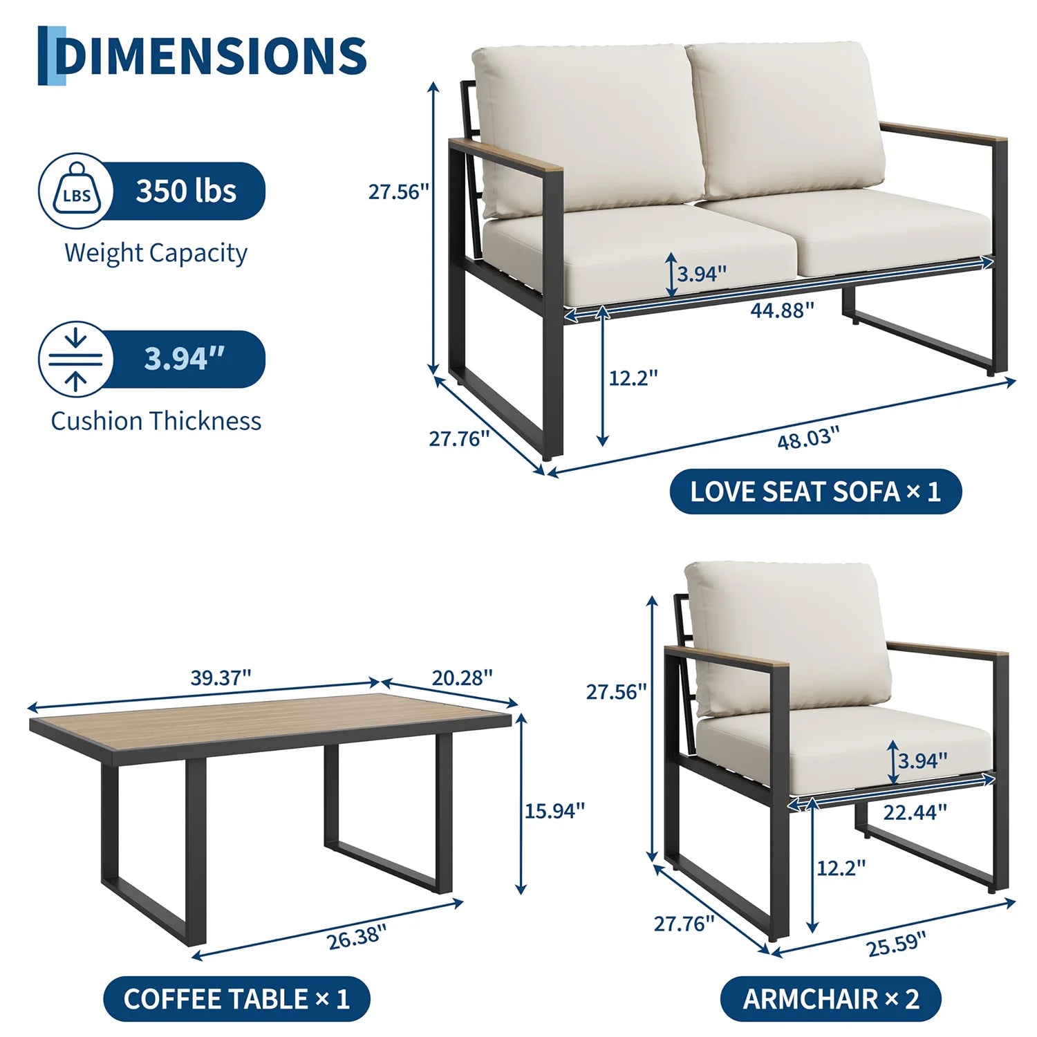 4-Piece Outdoor Patio Sofa Set — Modern Sectional with Coffee Table & Washable Cushions