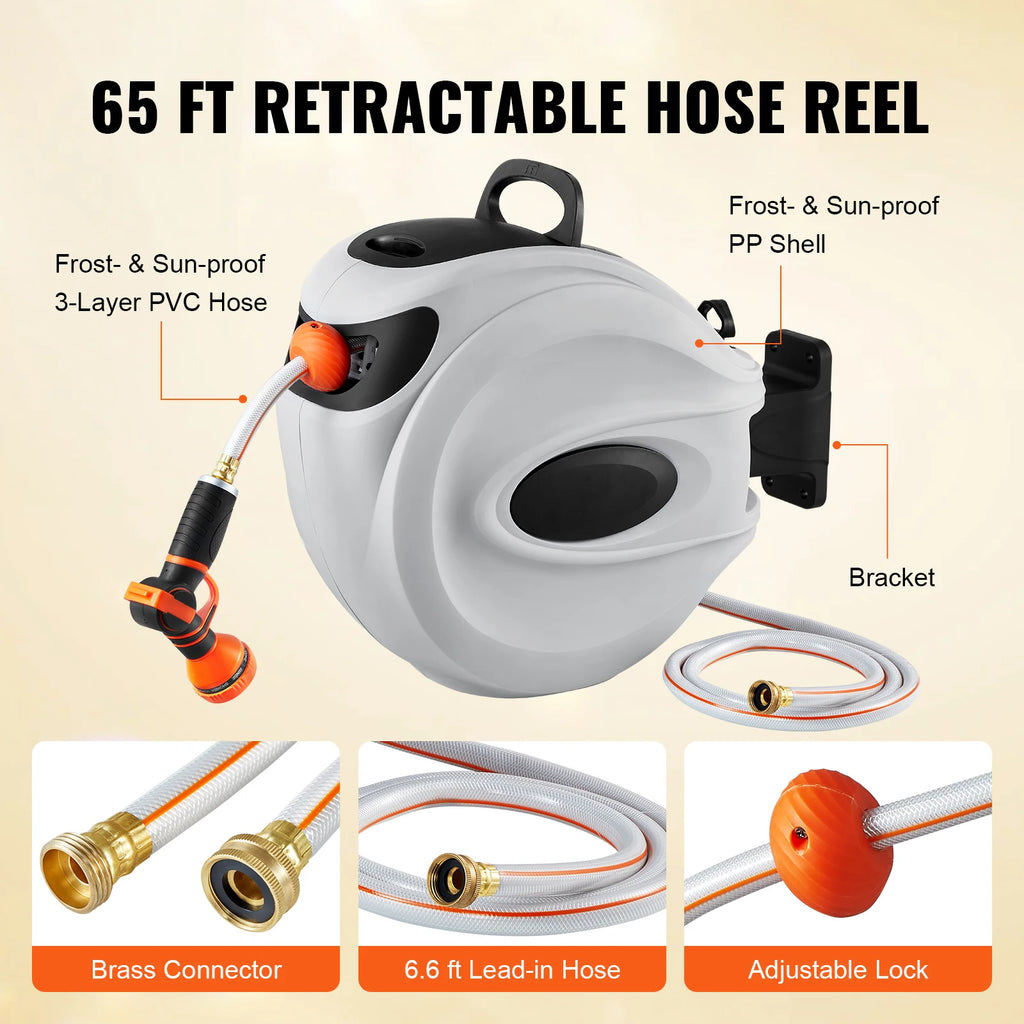 SucceBuy Retractable Garden Hose Reel – 65ft, Wall-Mounted, 180° Swivel, Auto Rewind & 9-Pattern Nozzle
