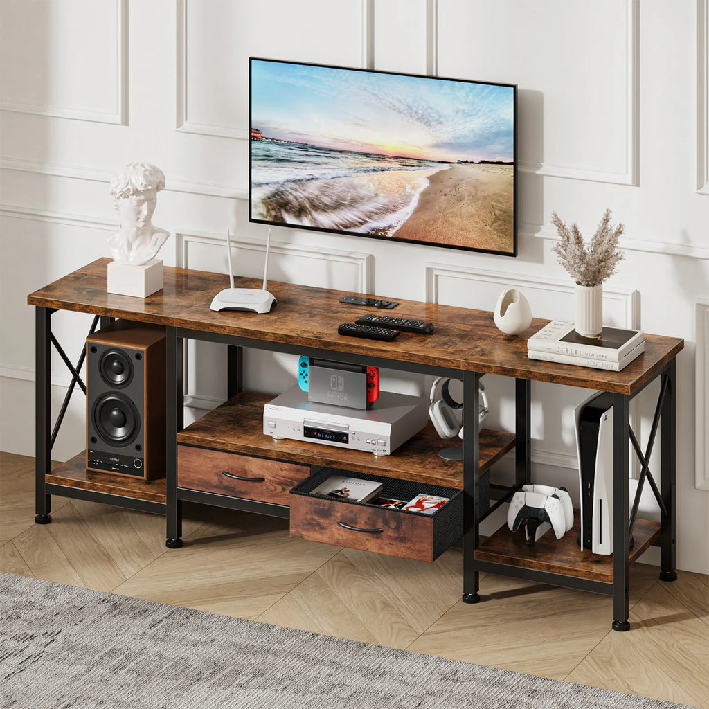 TV Stand for 70"/75" TVs — Media Console with Charging Station, 2 Fabric Drawers & 4 Open Shelves