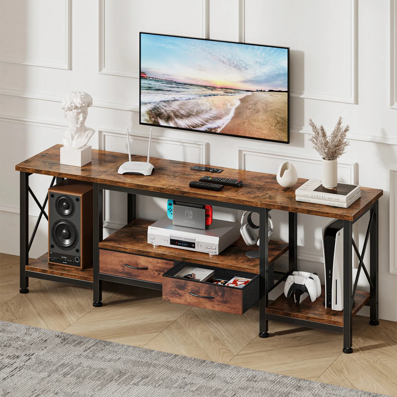TV Stand for 70"/75" TVs — Media Console with Charging Station, 2 Fabric Drawers & 4 Open Shelves