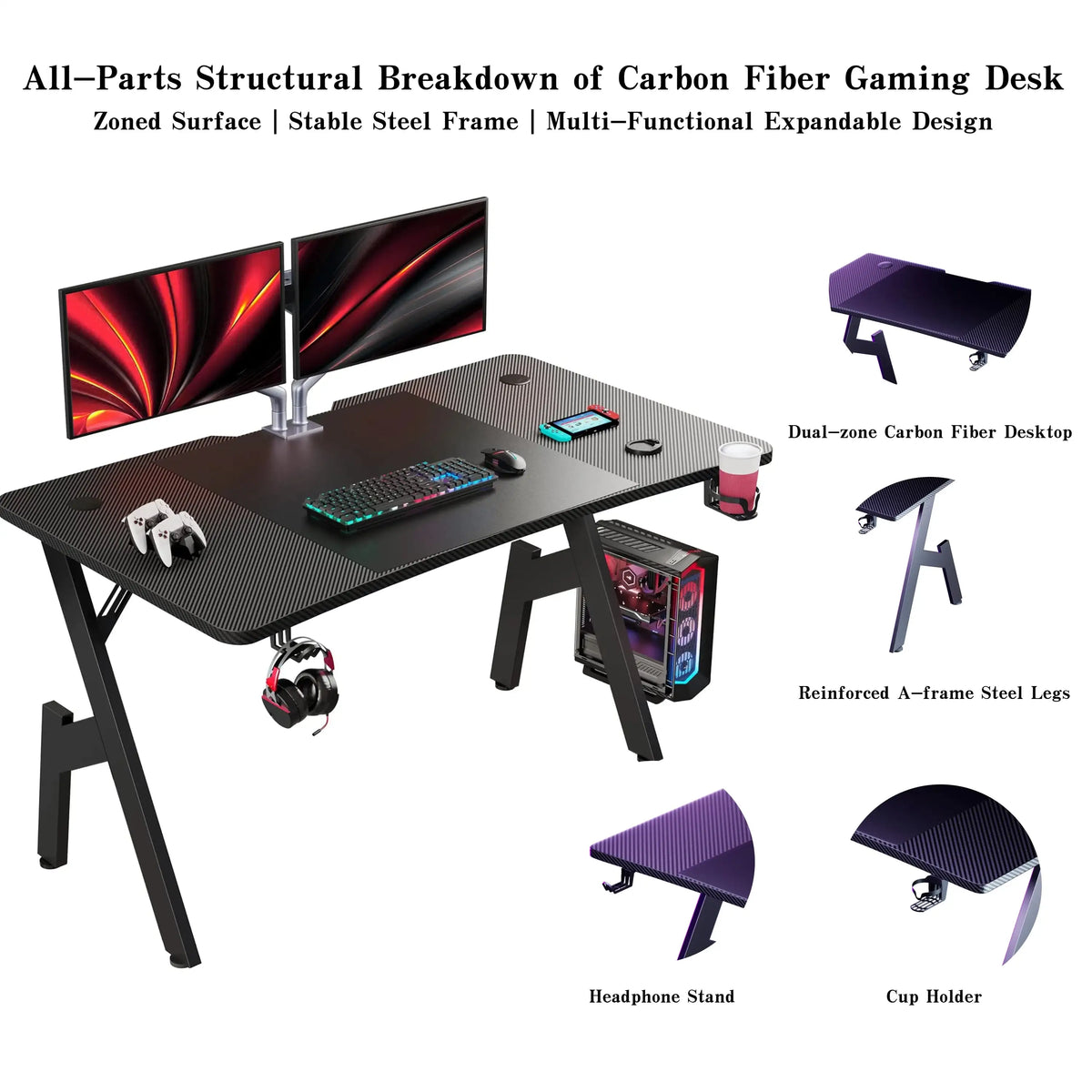 A-Shaped Carbon Fiber Ergonomic Gaming Desk - BaseMaxCore