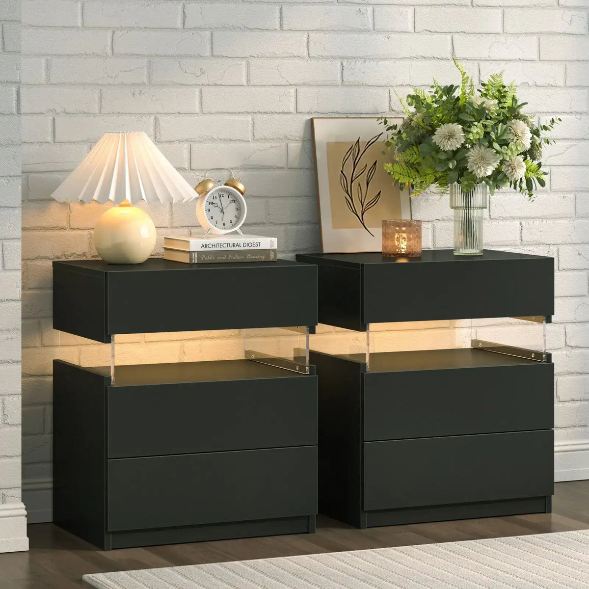Cubehom Bedside Tables Set of 2 with LED & 3 Drawers - BaseMaxCore