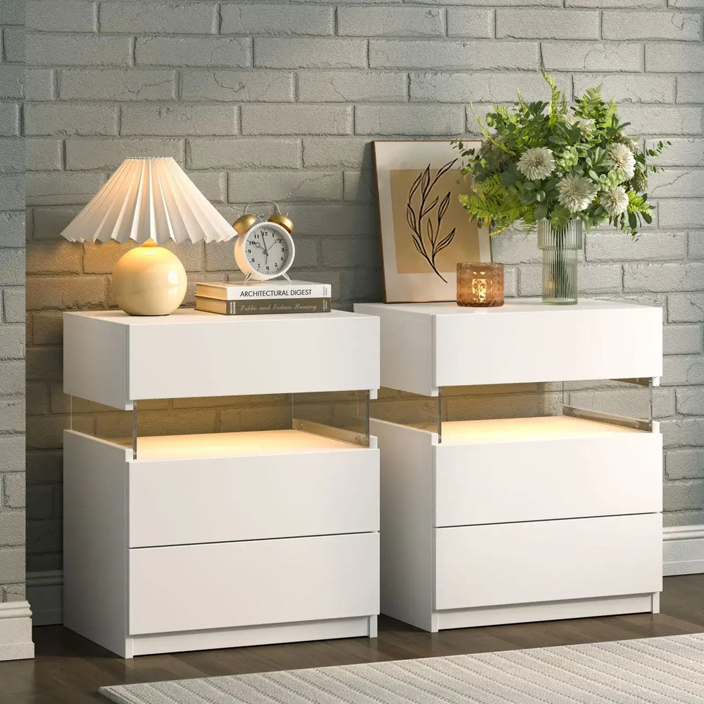 Cubehom Bedside Tables Set of 2 with LED & 3 Drawers - BaseMaxCore
