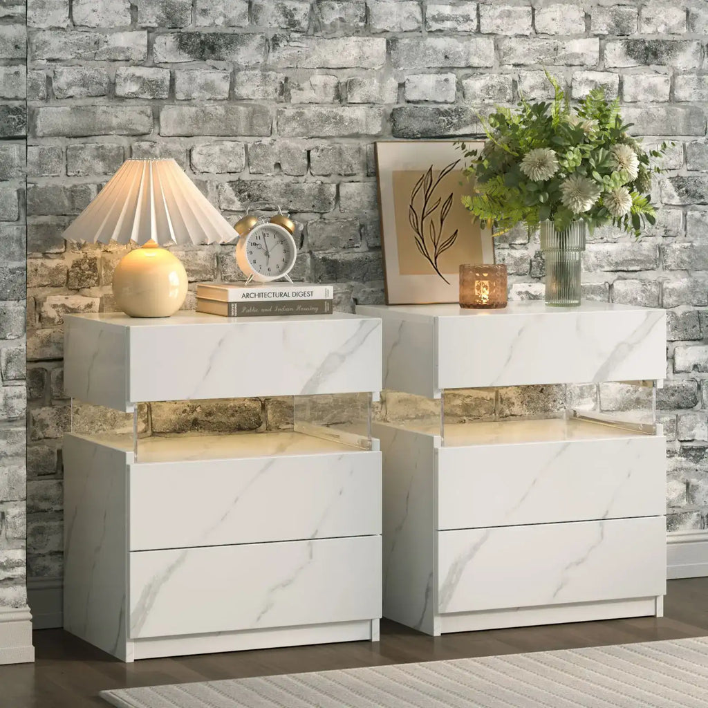 Cubehom Bedside Tables Set of 2 with LED & 3 Drawers - BaseMaxCore