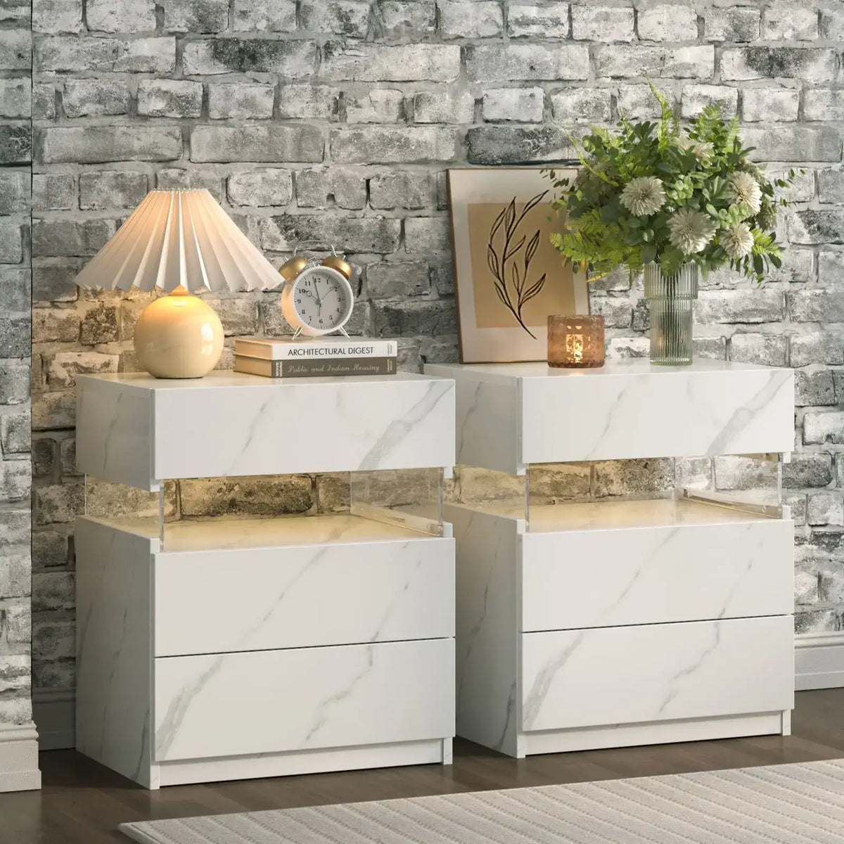 Cubehom Bedside Tables Set of 2 with LED & 3 Drawers - BaseMaxCore