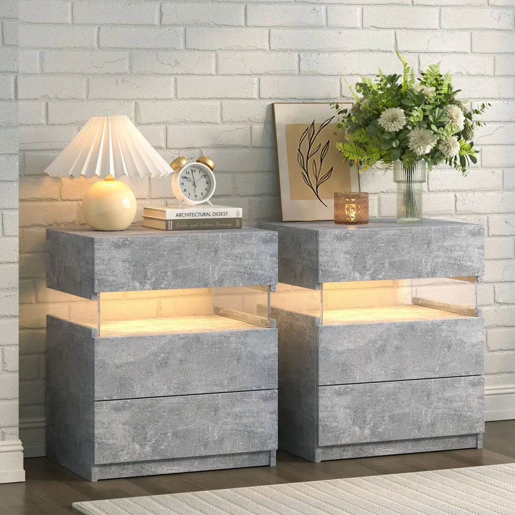 Cubehom Bedside Tables Set of 2 with LED & 3 Drawers - BaseMaxCore