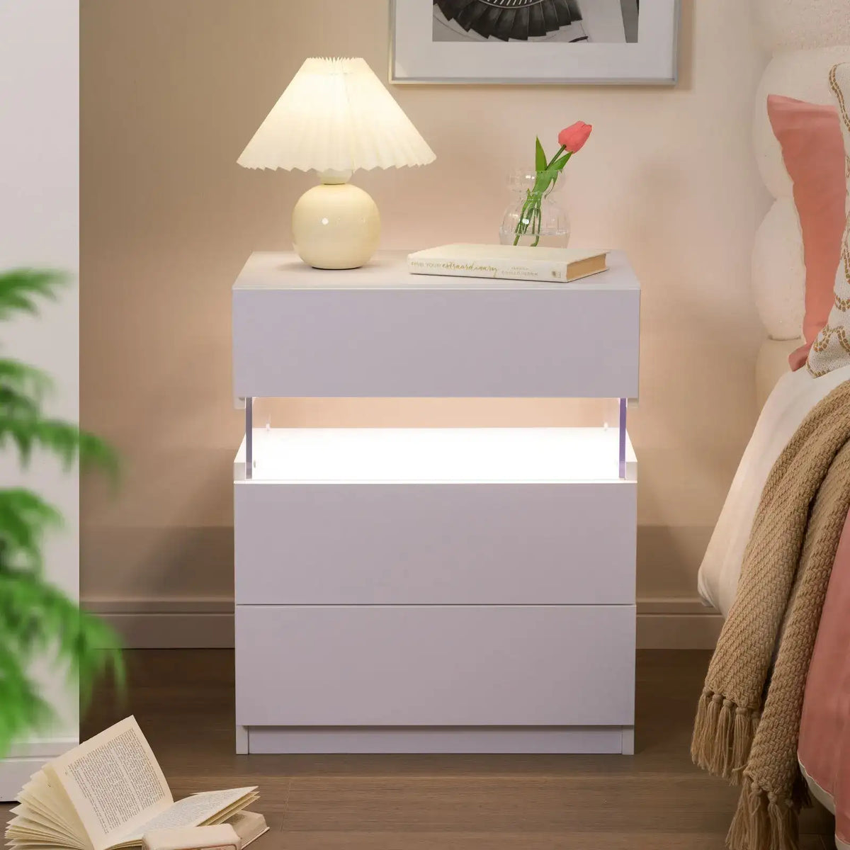 Cubehom Bedside Tables Set of 2 with LED & 3 Drawers - BaseMaxCore