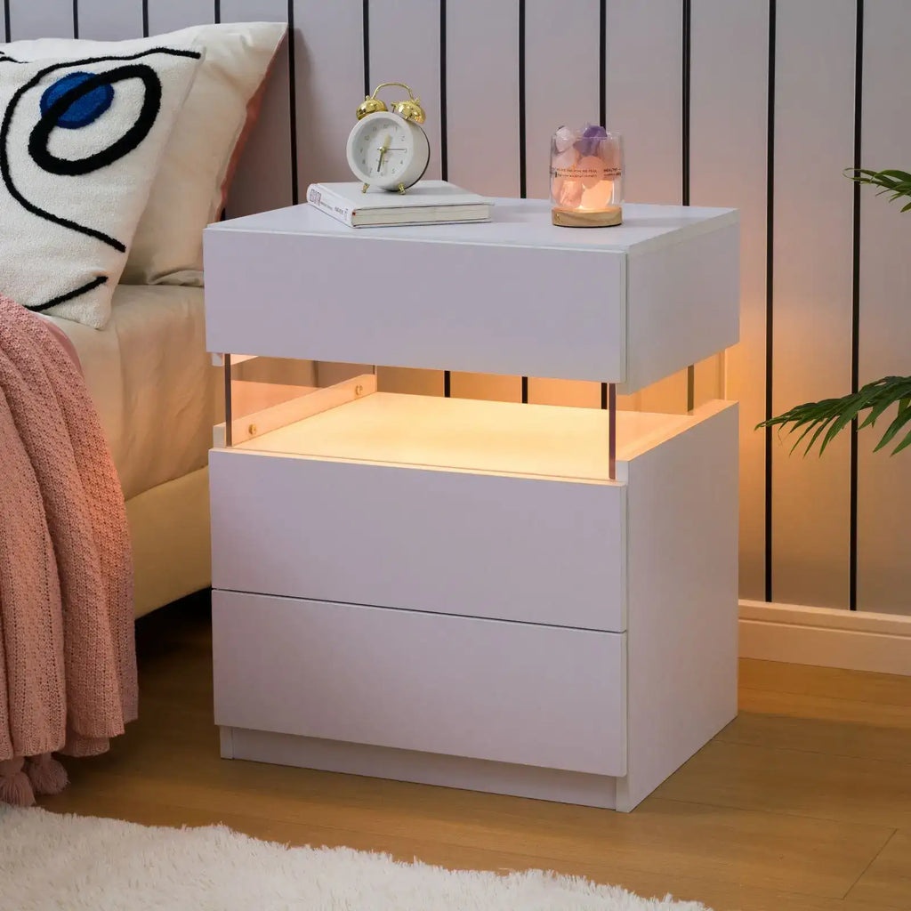 Cubehom Bedside Tables Set of 2 with LED & 3 Drawers - BaseMaxCore