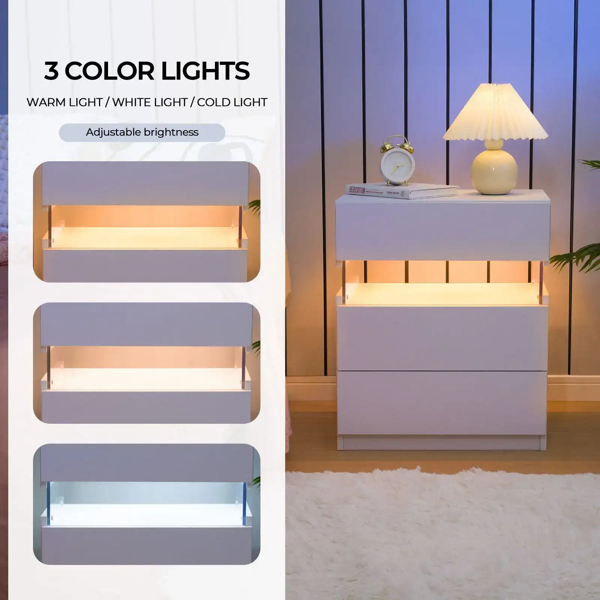 Cubehom Bedside Tables Set of 2 with LED & 3 Drawers - BaseMaxCore