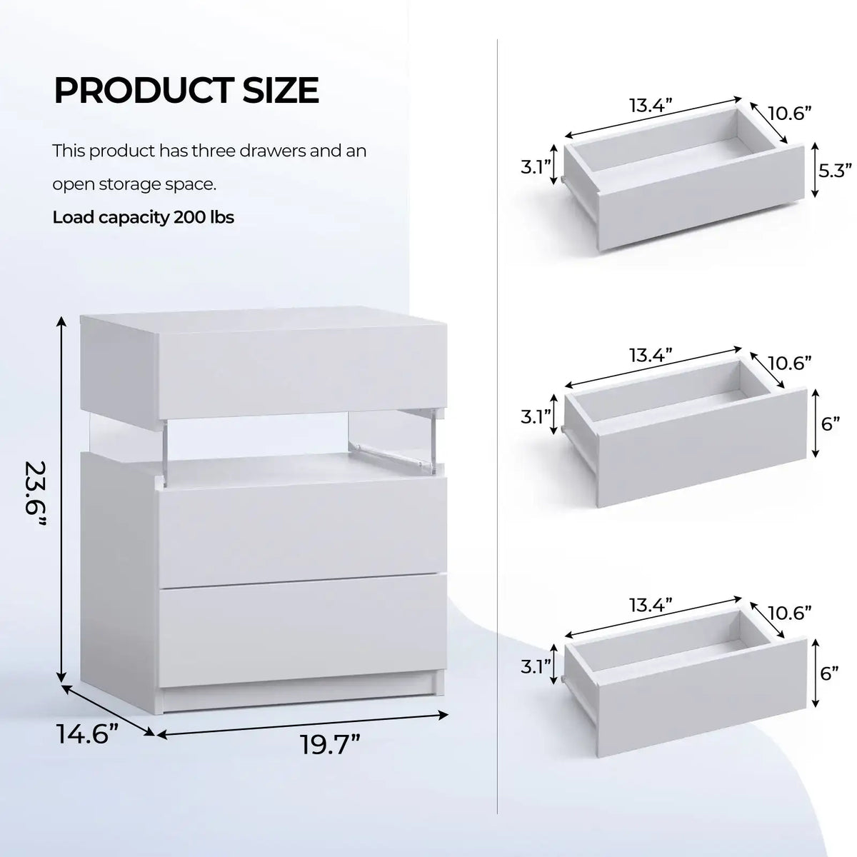 Cubehom Bedside Tables Set of 2 with LED & 3 Drawers - BaseMaxCore