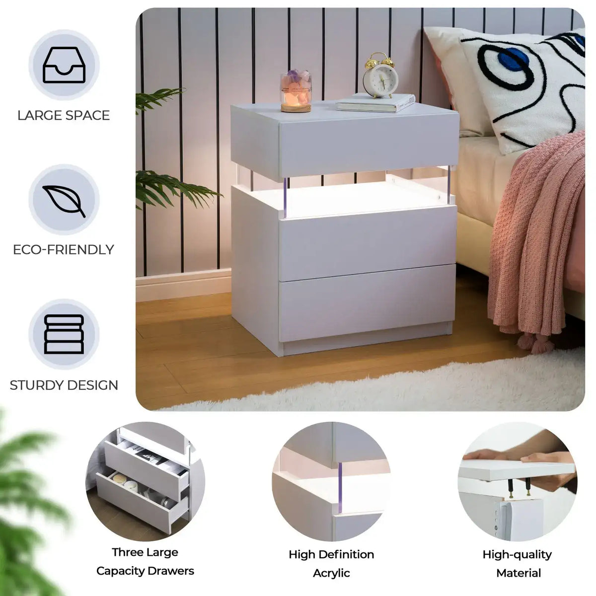 Cubehom Bedside Tables Set of 2 with LED & 3 Drawers - BaseMaxCore