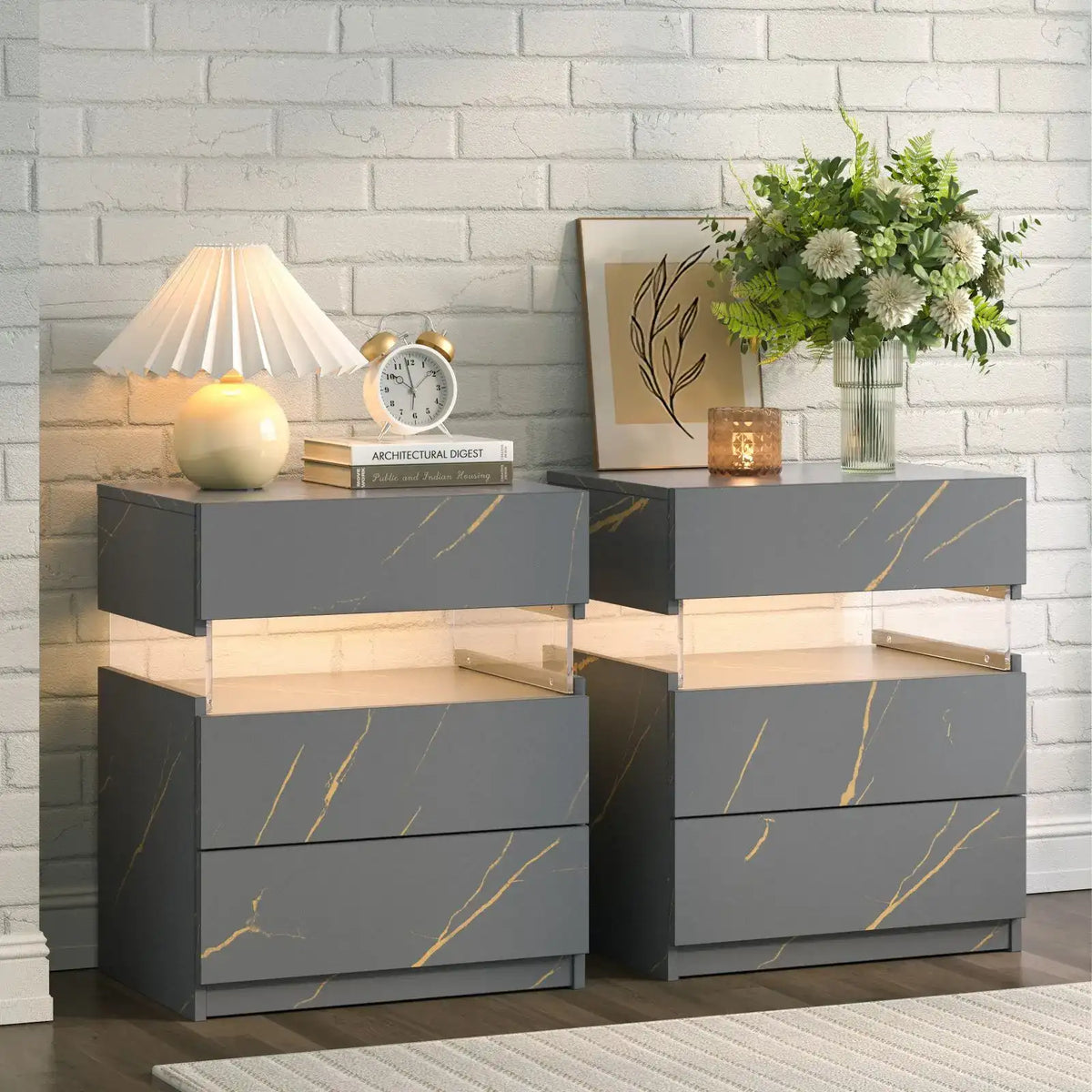 Cubehom Bedside Tables Set of 2 with LED & 3 Drawers - BaseMaxCore