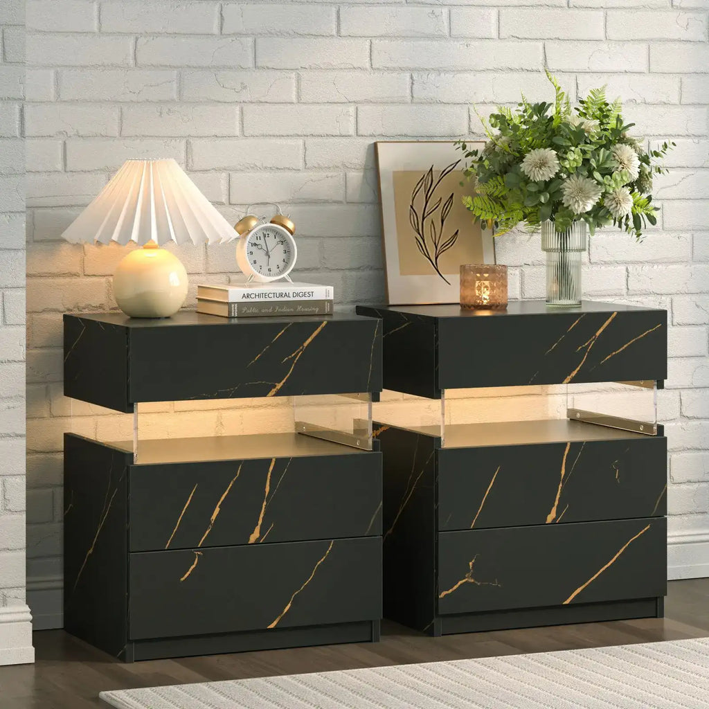 Cubehom Bedside Tables Set of 2 with LED & 3 Drawers - BaseMaxCore