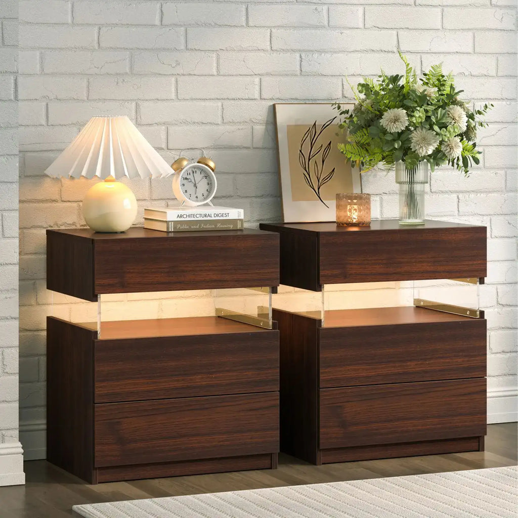 Cubehom Bedside Tables Set of 2 with LED & 3 Drawers - BaseMaxCore