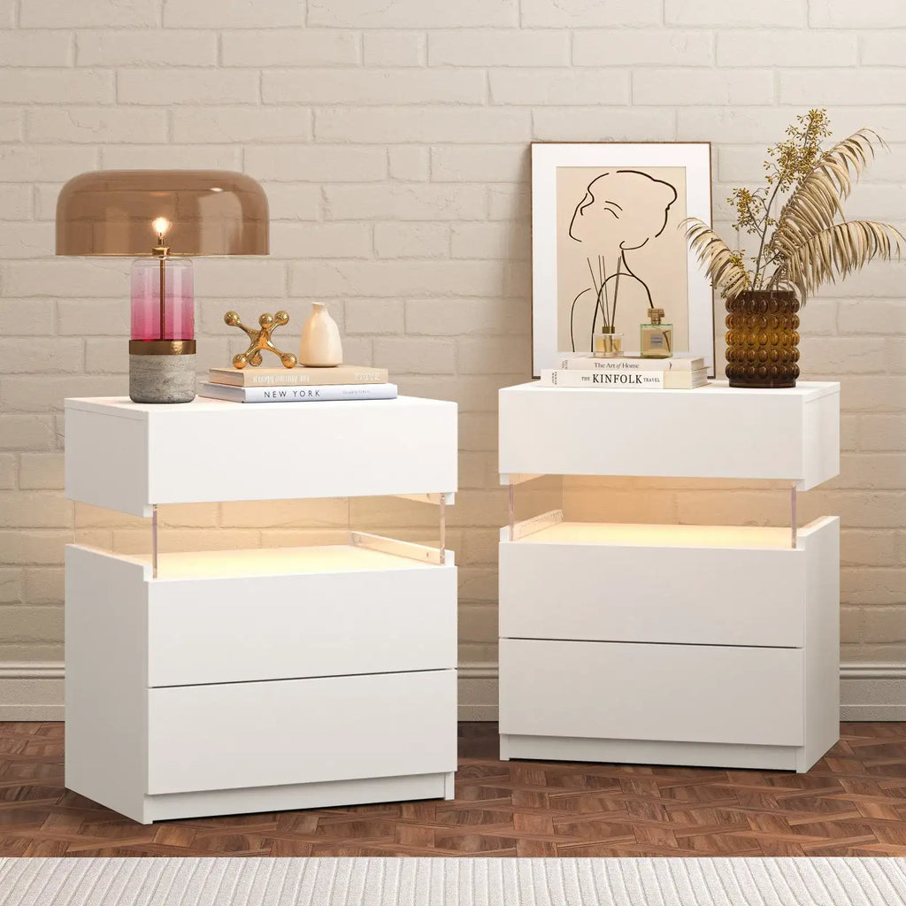 Cubehom Bedside Tables Set of 2 with LED & 3 Drawers - BaseMaxCore