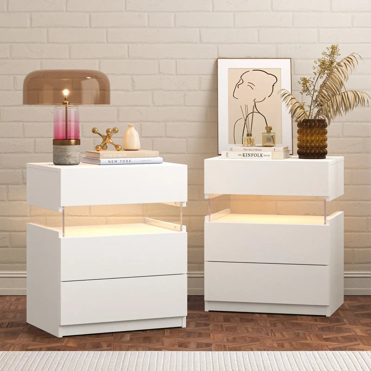 Cubehom Bedside Tables Set of 2 with LED & 3 Drawers - BaseMaxCore