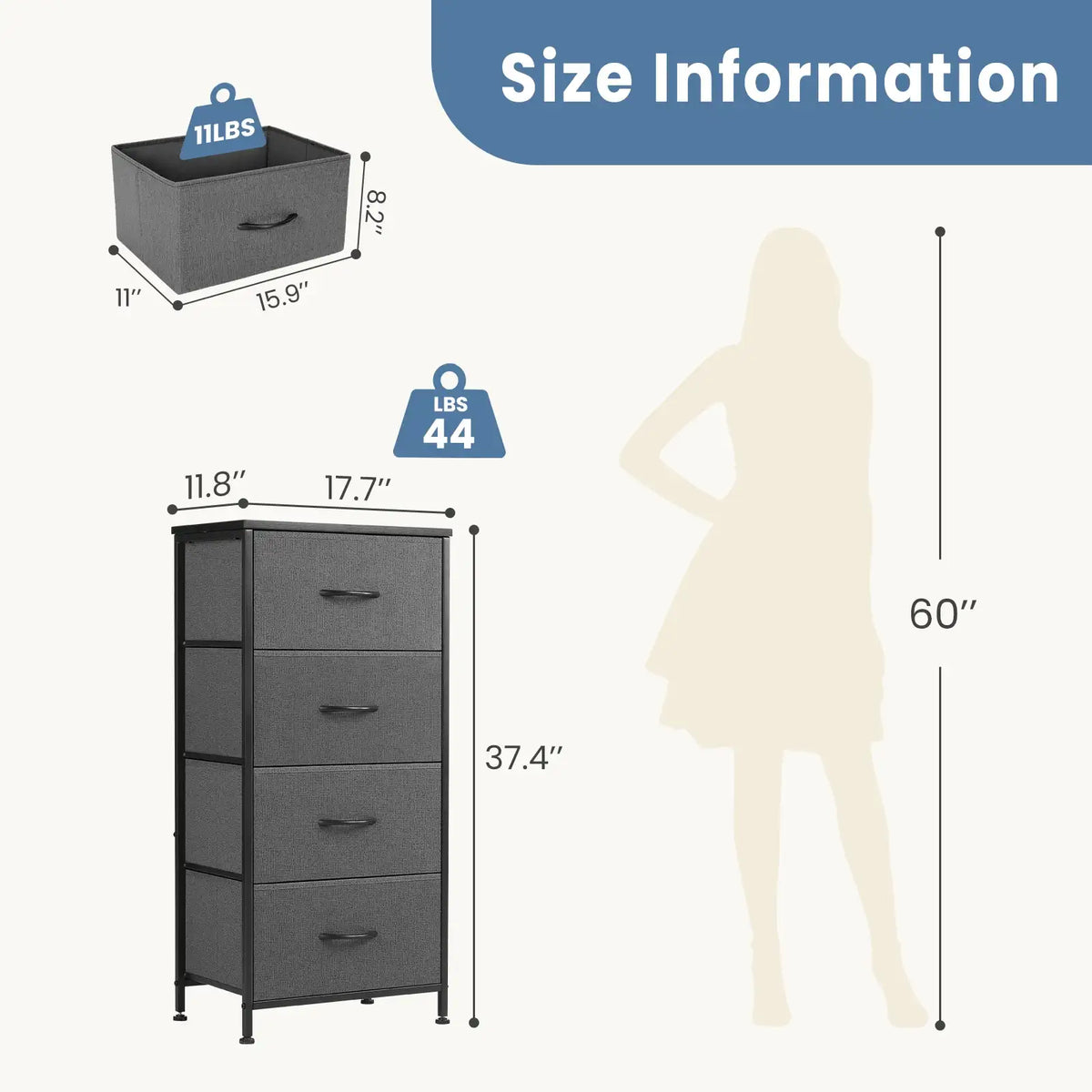 JHK 4-Drawer Fabric Dresser with Steel Frame - BaseMaxCore