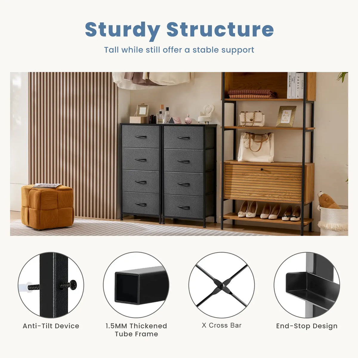 JHK 4-Drawer Fabric Dresser with Steel Frame - BaseMaxCore
