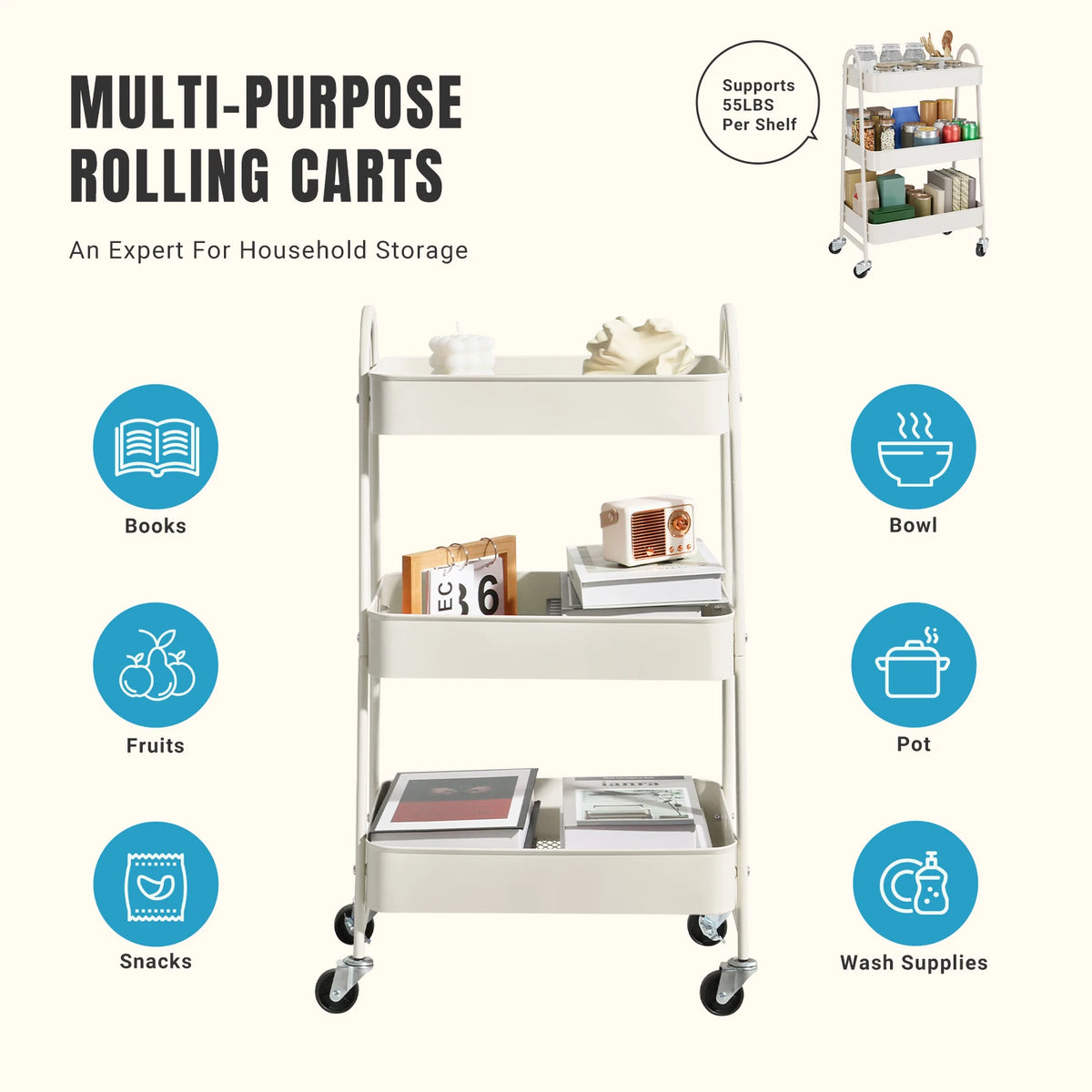 JHK Metal Rolling Storage Cart - BaseMaxCore