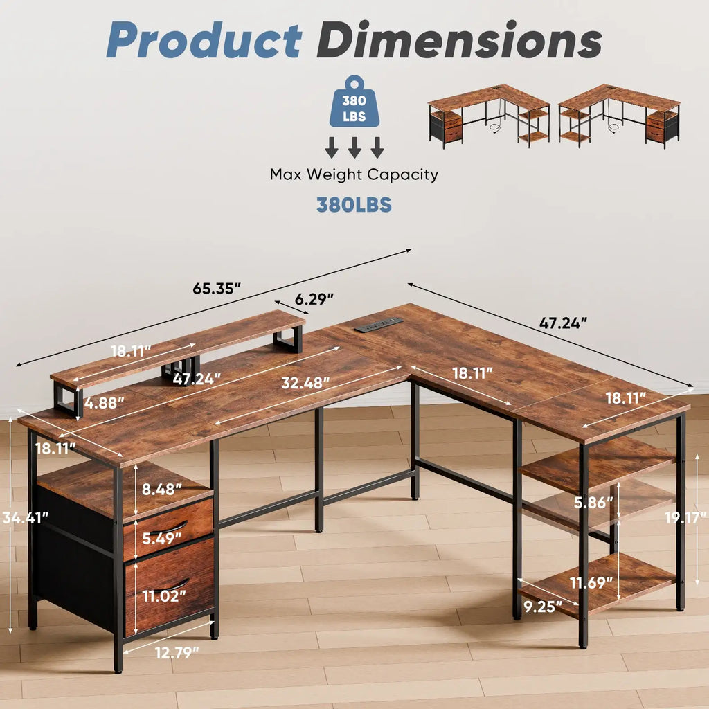 L-Shaped Computer Desk 62" with Drawers & Charging Station - BaseMaxCore
