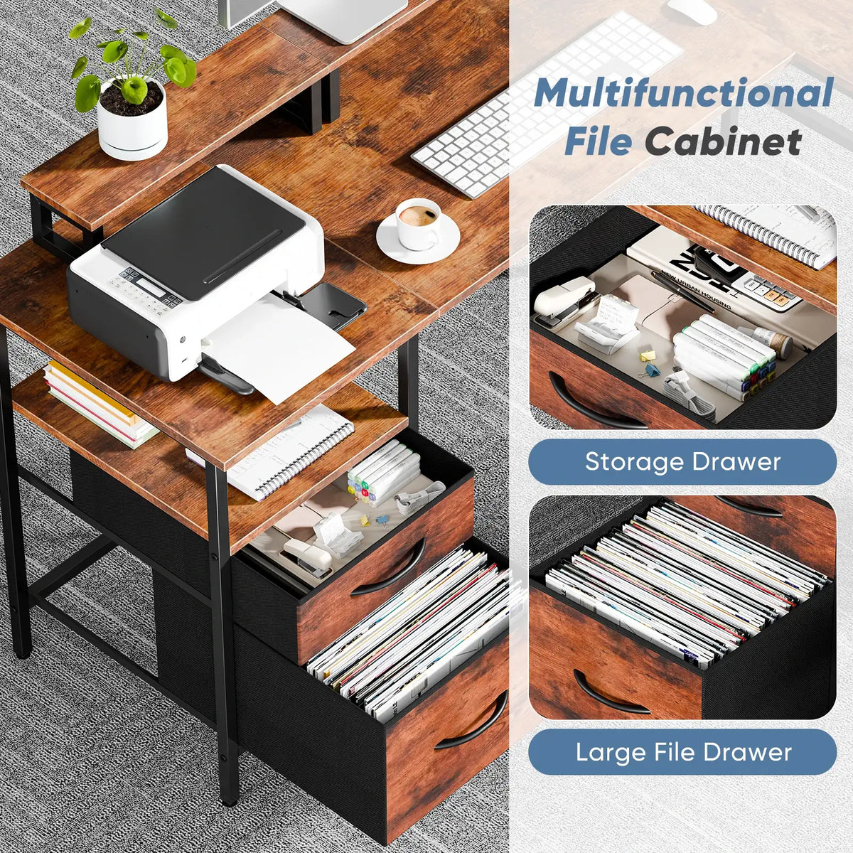 L-Shaped Computer Desk 62" with Drawers & Charging Station - BaseMaxCore