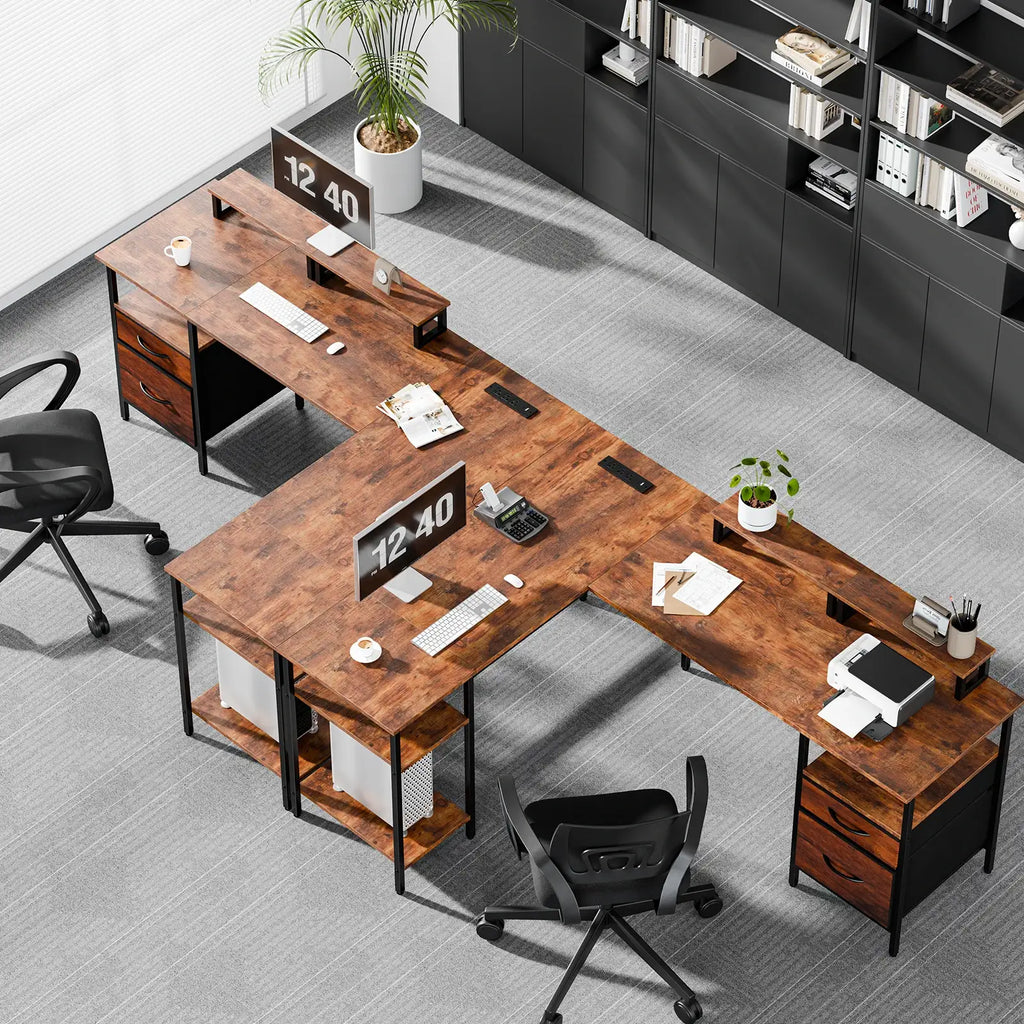L-Shaped Computer Desk 62" with Drawers & Charging Station - BaseMaxCore