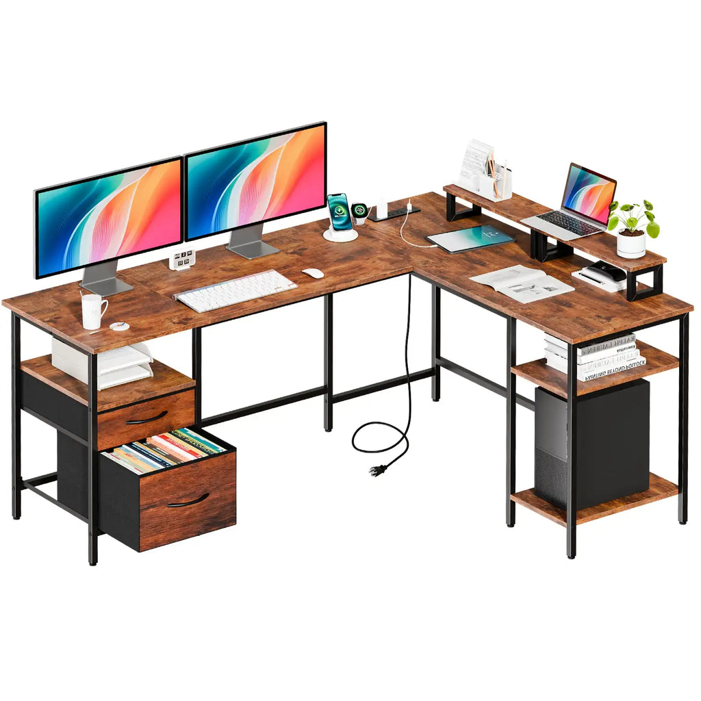 L-Shaped Computer Desk 62" with Drawers & Charging Station - BaseMaxCore