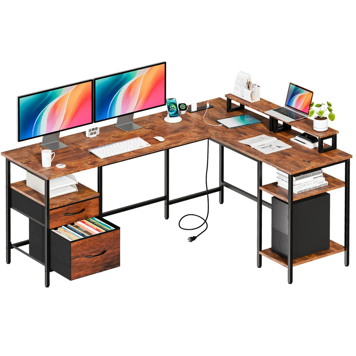L-Shaped Computer Desk 62" with Drawers & Charging Station - BaseMaxCore