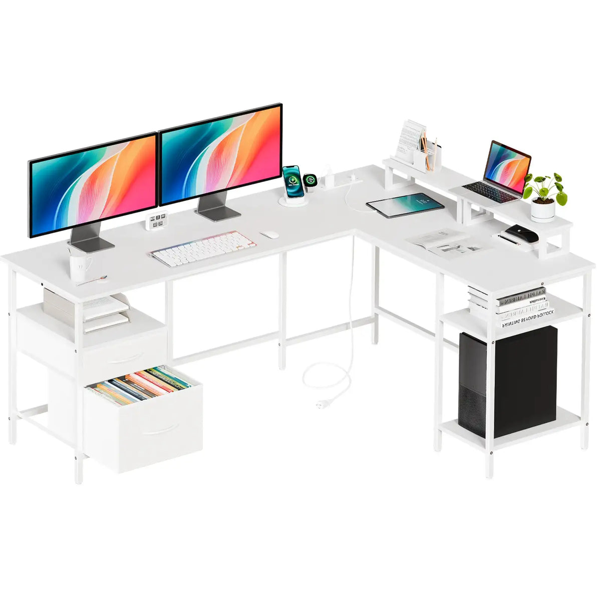 L-Shaped Computer Desk 62" with Drawers & Charging Station - BaseMaxCore
