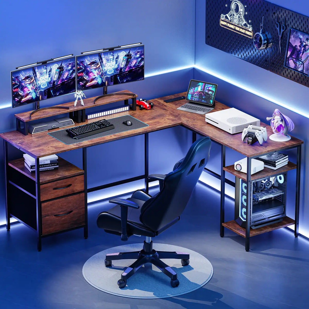 L-Shaped Computer Desk 62" with Drawers & Charging Station - BaseMaxCore