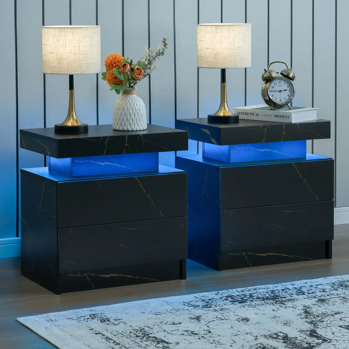 LED Nightstand Set of 2 with 2 Drawers - BaseMaxCore