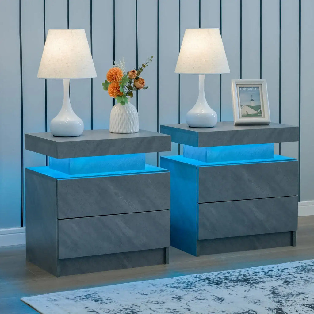 LED Nightstand Set of 2 with 2 Drawers - BaseMaxCore