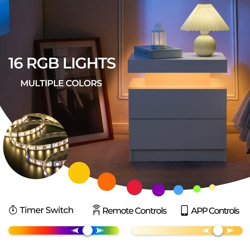 LED Nightstand Set of 2 with 2 Drawers - BaseMaxCore
