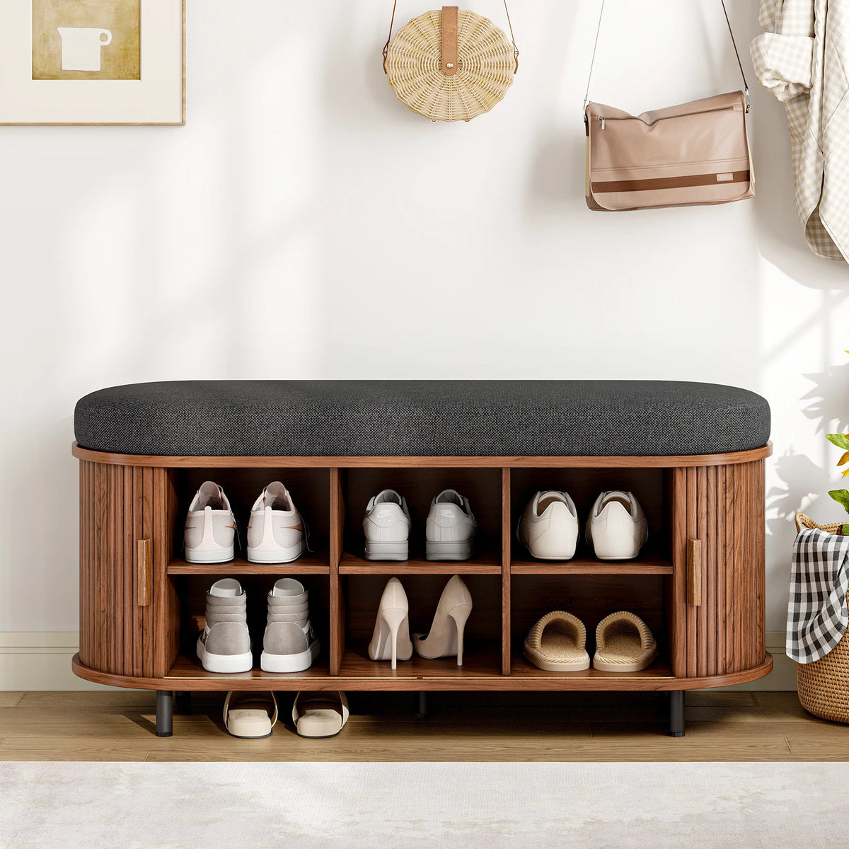Shoe Storage Bench with Cushion & Tambour Door - BaseMaxCore