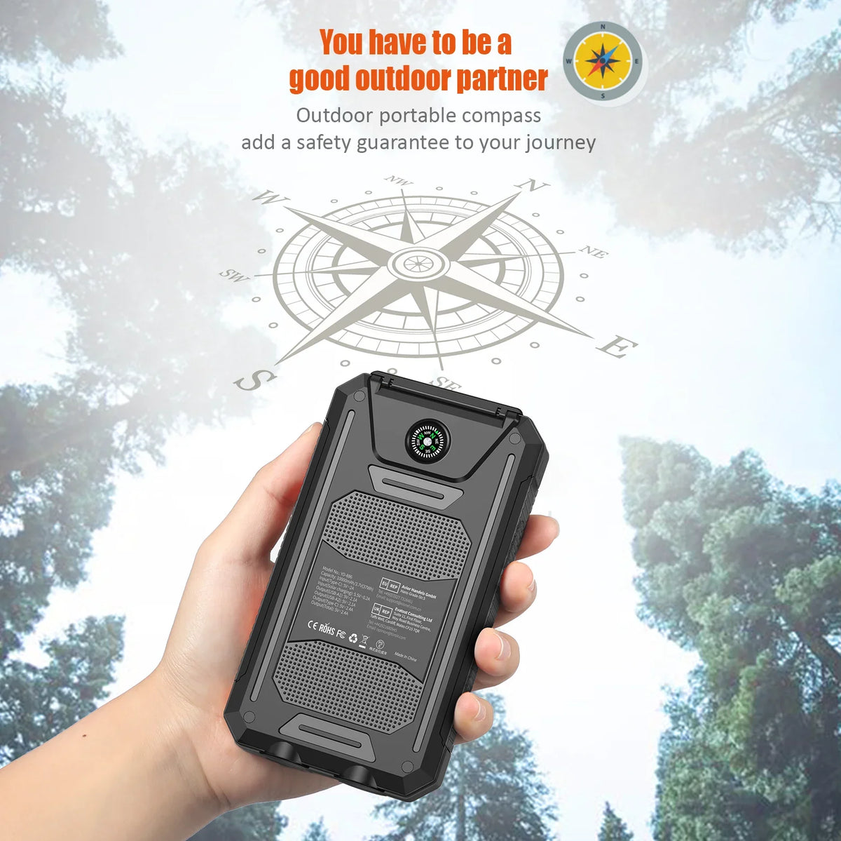 Solar Power Bank with Flashlight & Compass - BaseMaxCore