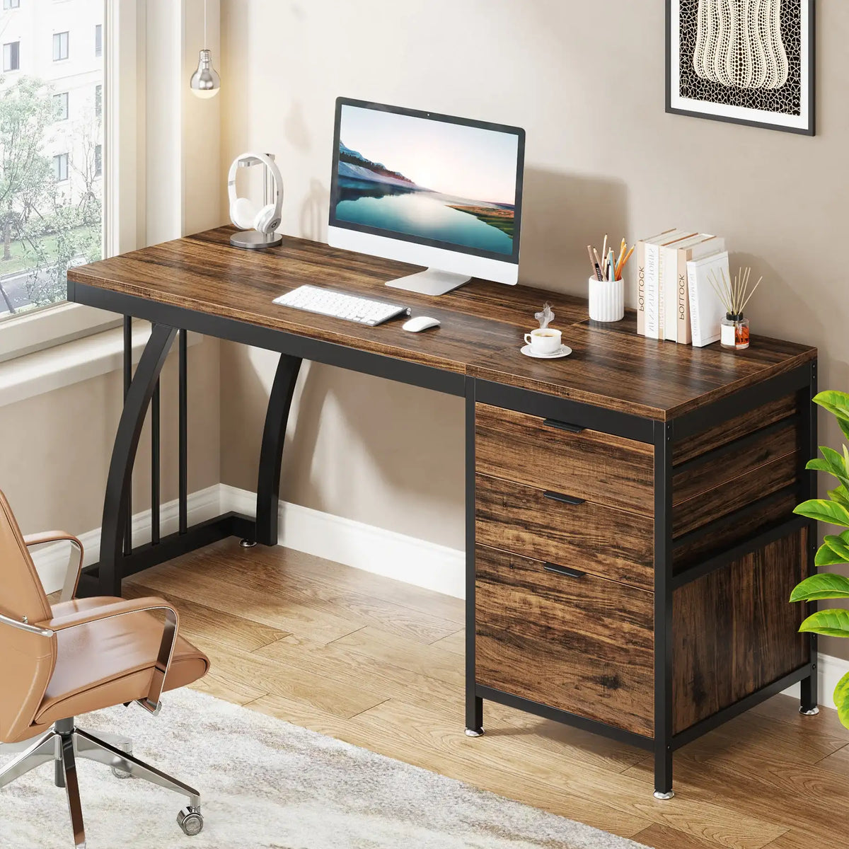 Tribesigns 59" Industrial Computer Desk with 3 Drawers - BaseMaxCore