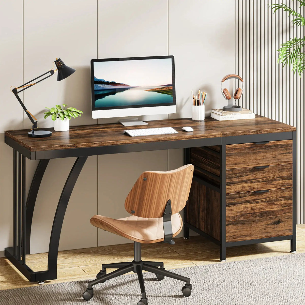 Tribesigns 59" Industrial Computer Desk with 3 Drawers - BaseMaxCore