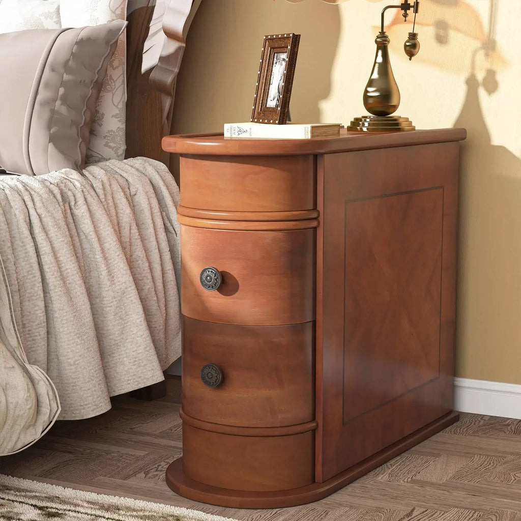 Tribesigns Round Solid Wood Bedside Table with Drawer - BaseMaxCore