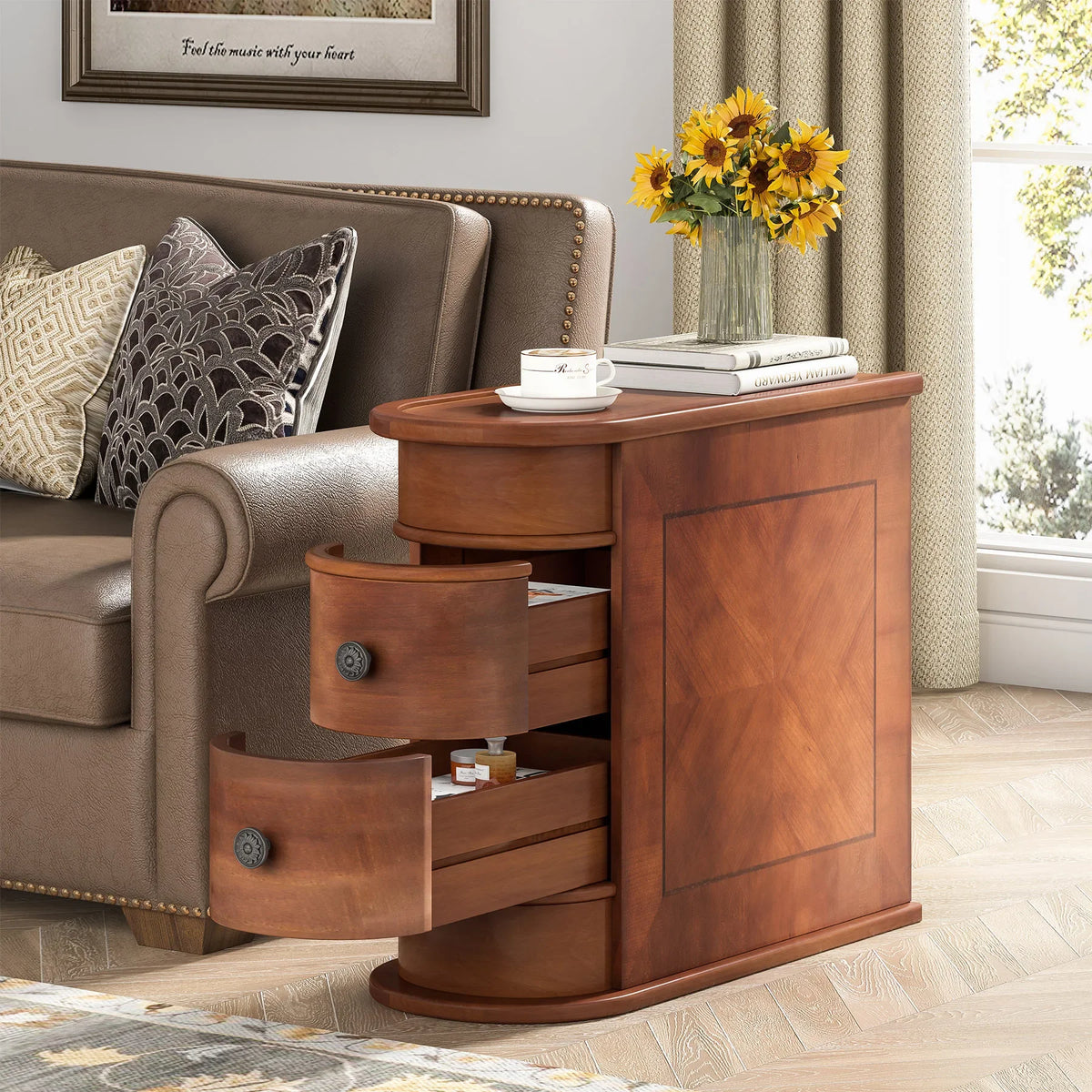 Tribesigns Round Solid Wood Bedside Table with Drawer - BaseMaxCore