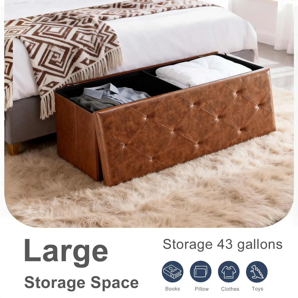Tufted Faux Leather Storage Ottoman Bench - BaseMaxCore