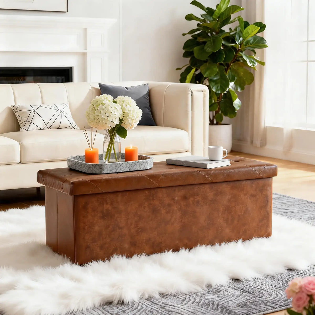 Tufted Faux Leather Storage Ottoman Bench - BaseMaxCore