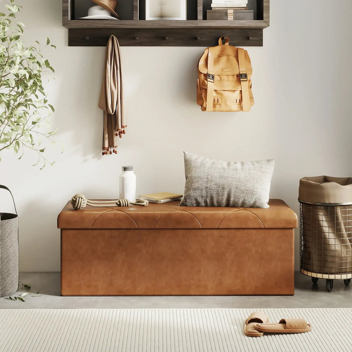 Tufted Faux Leather Storage Ottoman Bench - BaseMaxCore