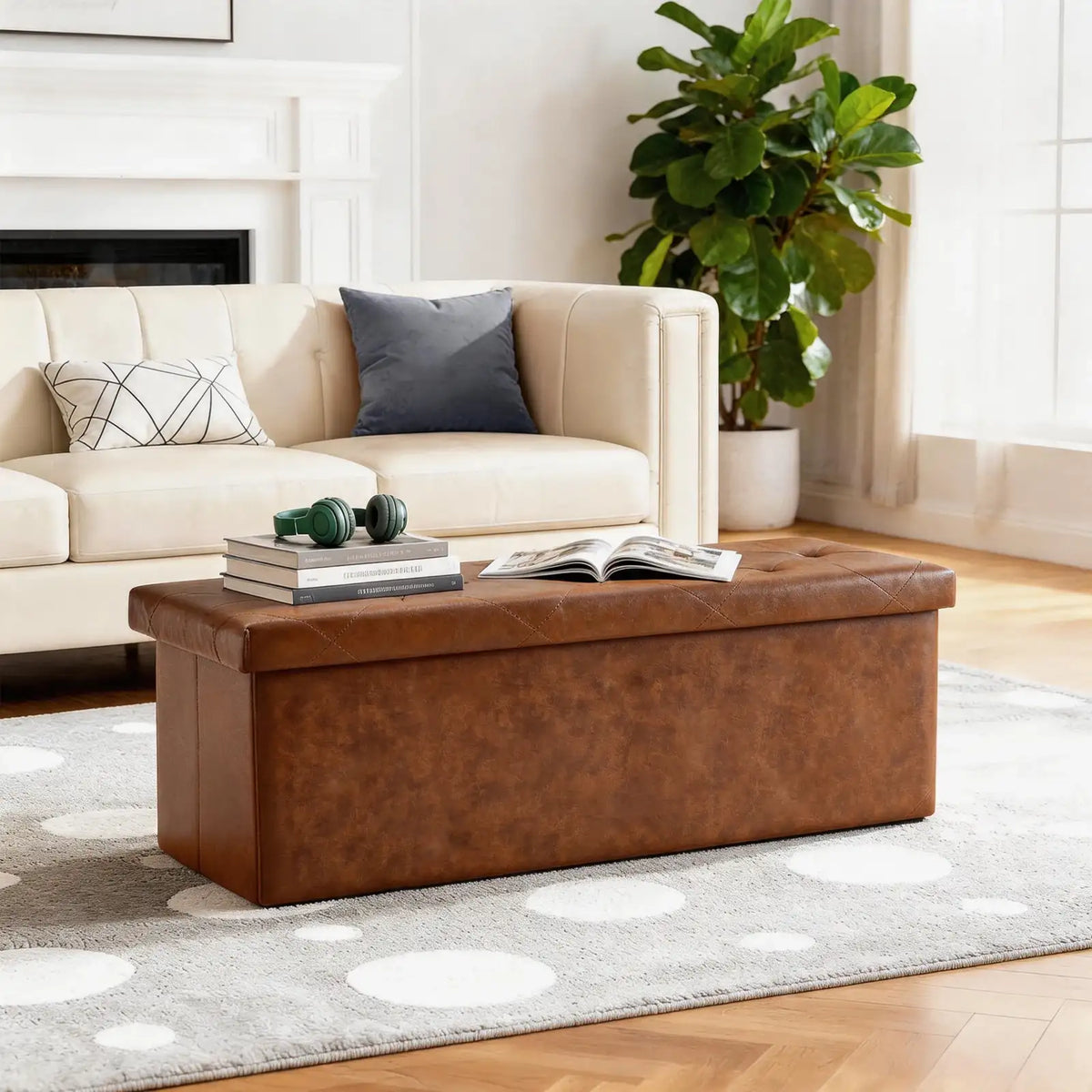 Tufted Faux Leather Storage Ottoman Bench - BaseMaxCore