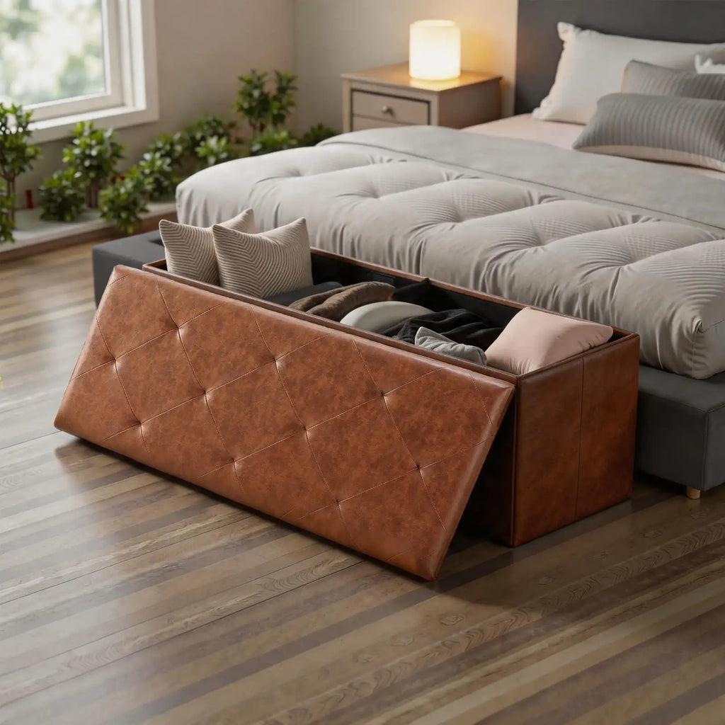 Tufted Faux Leather Storage Ottoman Bench - BaseMaxCore