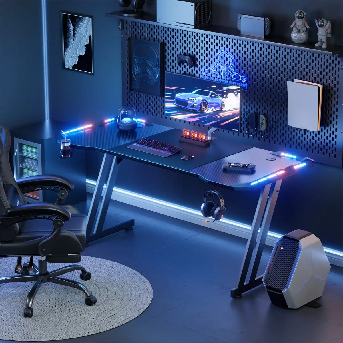 Z-Shaped Gaming Desk with RGB LED Carbon Fibre Black - BaseMaxCore