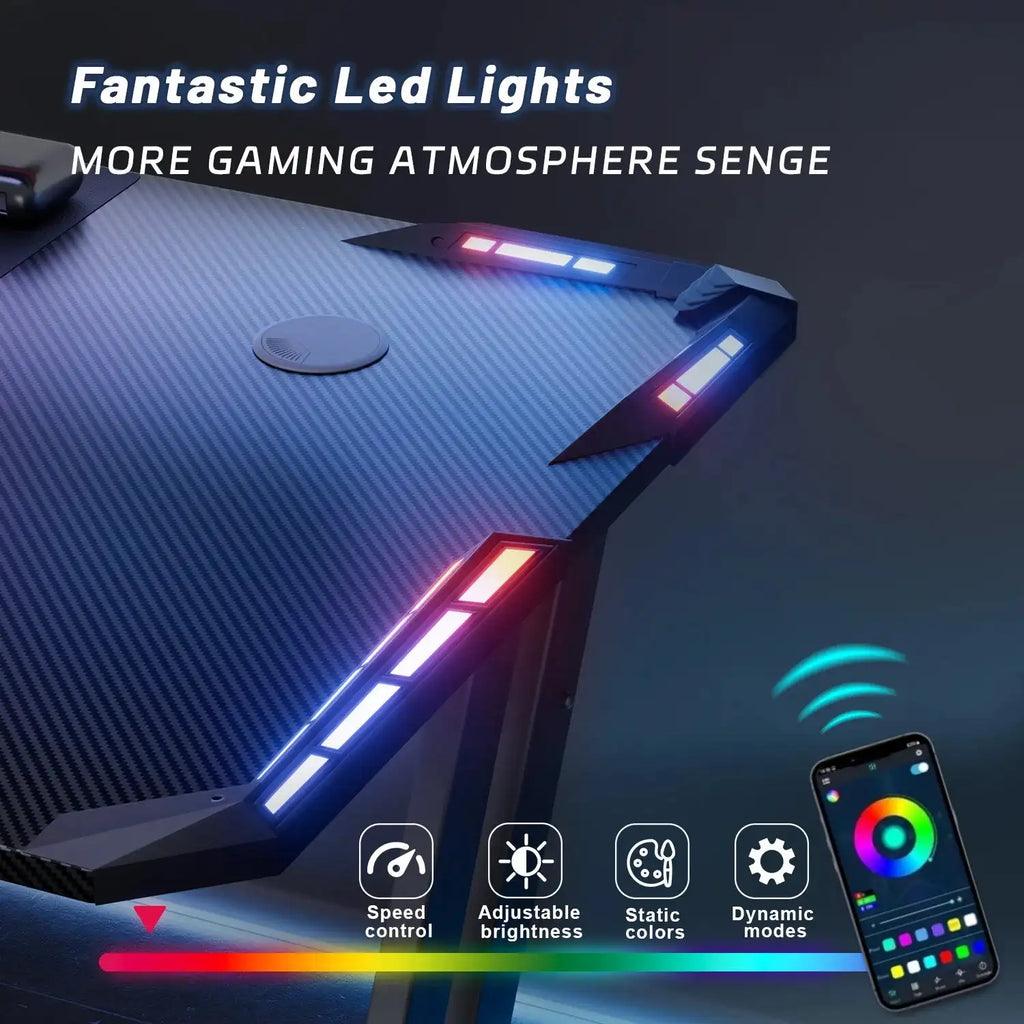 Z-Shaped Gaming Desk with RGB LED Carbon Fibre Black - BaseMaxCore