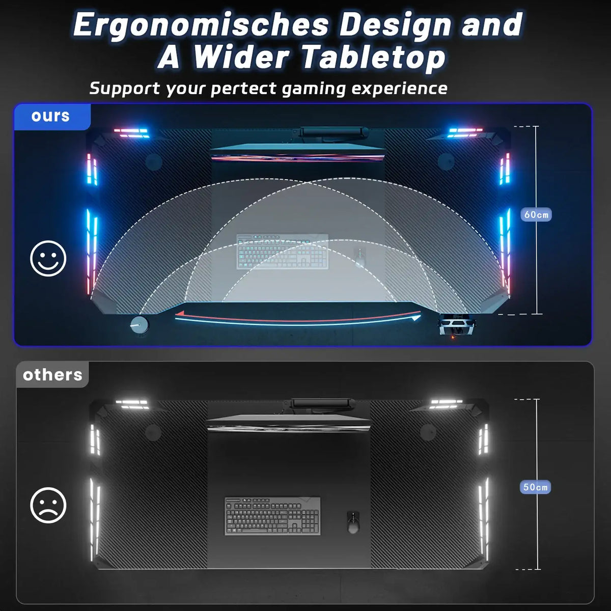 Z-Shaped Gaming Desk with RGB LED Carbon Fibre Black - BaseMaxCore