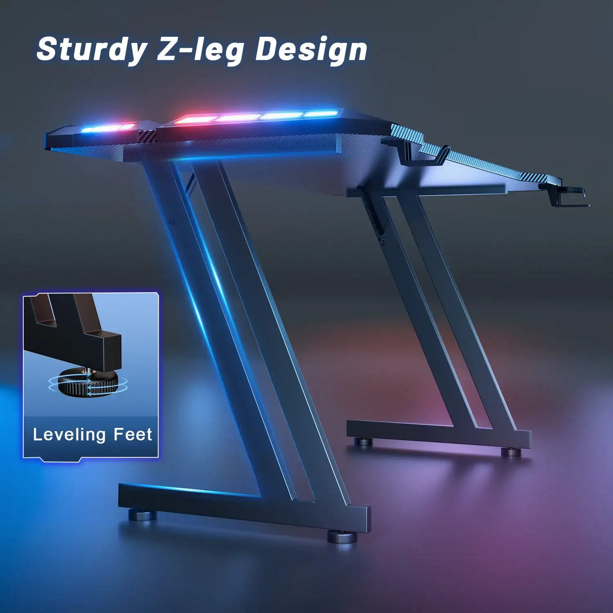 Z-Shaped Gaming Desk with RGB LED Carbon Fibre Black - BaseMaxCore