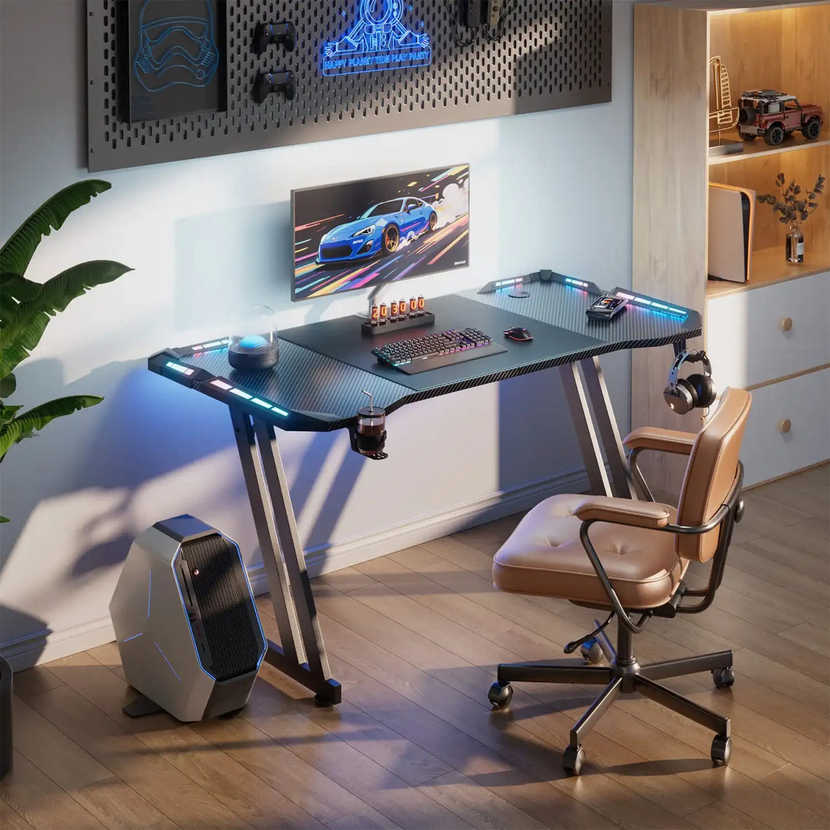 Z-Shaped Gaming Desk with RGB LED Carbon Fibre Black - BaseMaxCore