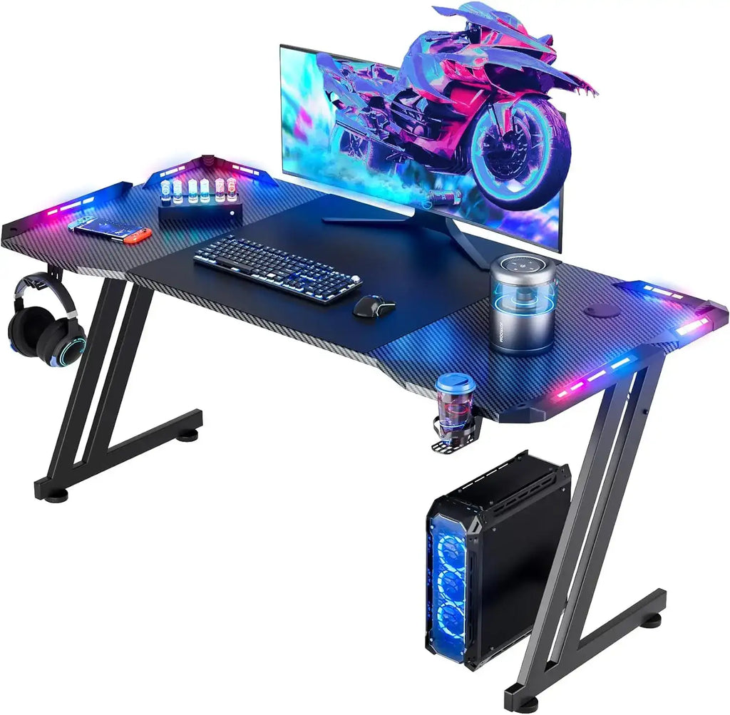 Z-Shaped PC Gaming Desk with RGB LED & Mouse Pad - BaseMaxCore
